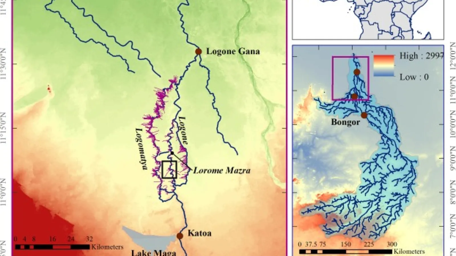 Maps showing floodplain with fish canals.